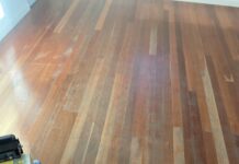 Worn Blue Gum Timber Floor Sanding Project Worn Blue Gum timber floor before sanding in Canberra