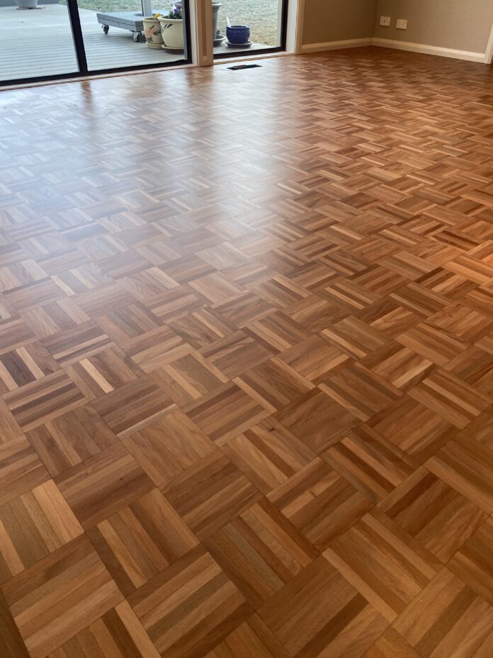 Brush Box parquetry floor after sanding and Berger Seidle Ceramic Matt finish in Tuggeranong Canberra