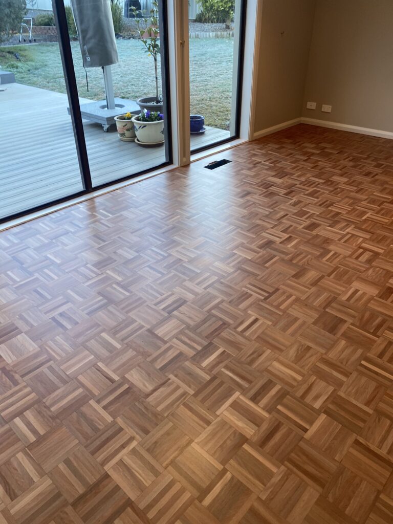 Brush Box parquetry floor after sanding and Berger Seidle Ceramic Matt finish in Tuggeranong Canberra