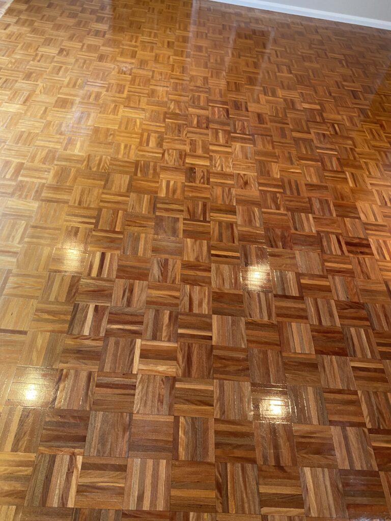 Brush Box mosaic parquetry floor before sanding in Tuggeranong Canberra