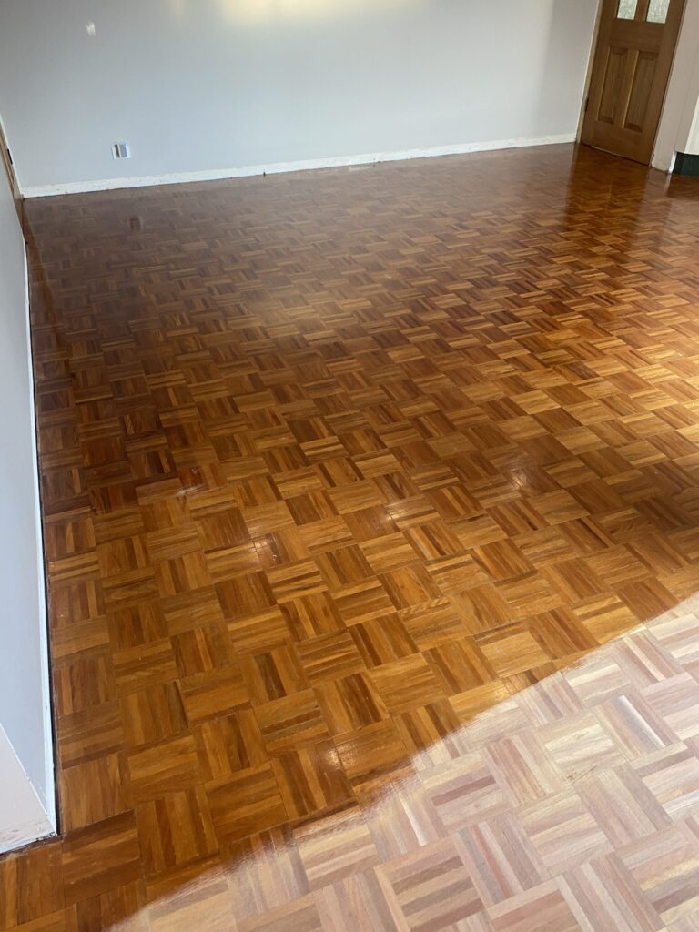 Brush Box mosaic parquetry floor before sanding in Tuggeranong Canberra