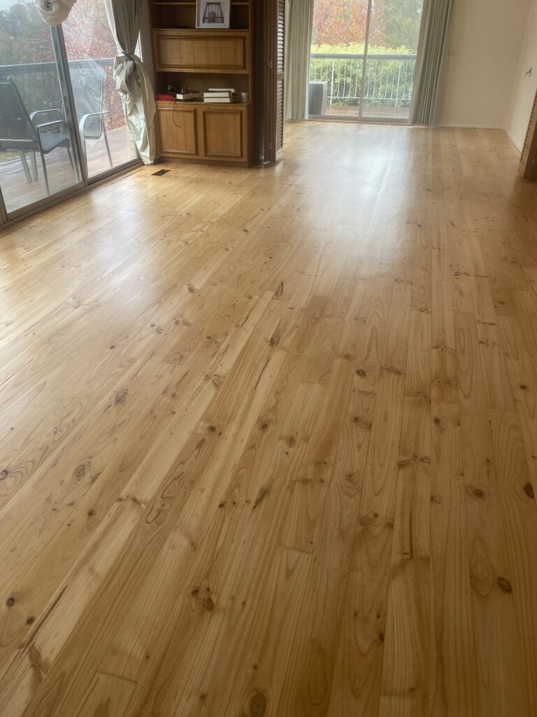 Pine timber floor after sanding and polishing in Belconnen Canberra